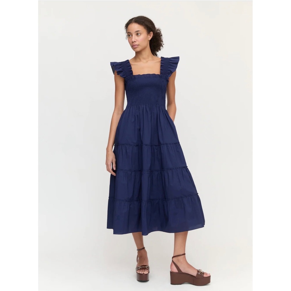 Hill House Home The Ellie Nap Dress Navy Blue Smocked Midi Ruffle XS New